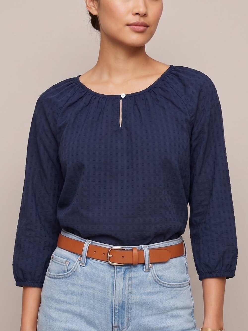 Croft & Barrow 100% Cotton Peasant Blouse Navy Blue Puff Sleeve Size M